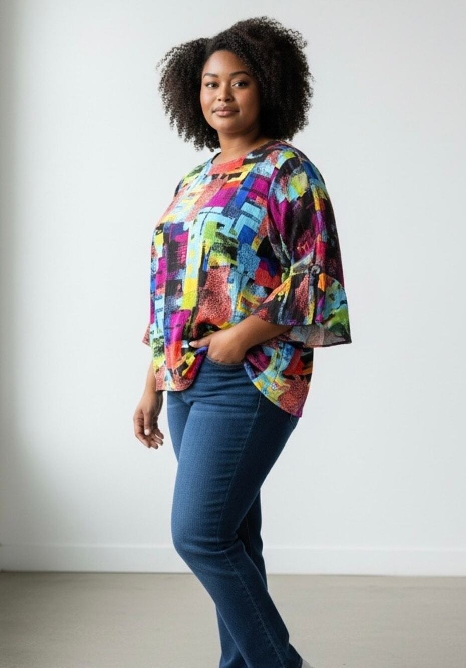 Ali Miles Abstract Print Colorful Blouse Top Women's 3X Flare Sleeve Artsy
